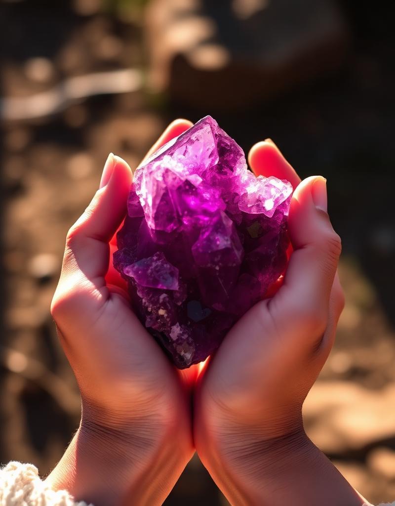 Hands holding raw amethyst crystal