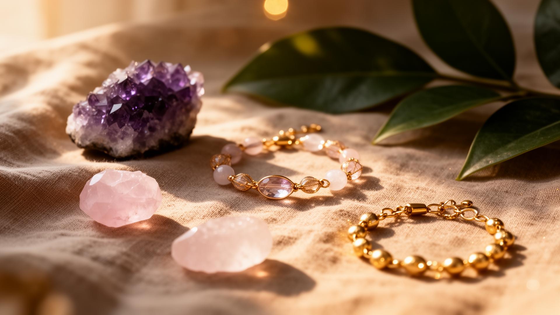 Healing crystals and handcrafted stone jewelry on warm linen
